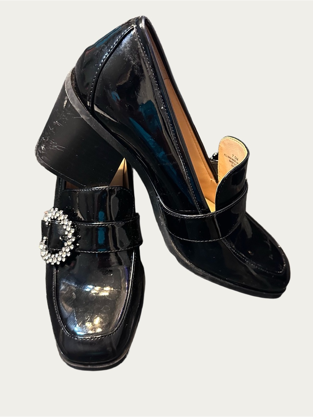 Alex Marie Y2K Black Patent Leather & Rhinestone Chunky Heel Loafers 7.5